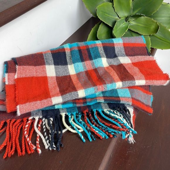 American Eagle unisex scarf fringes aqua rust cream navy like new soft warm